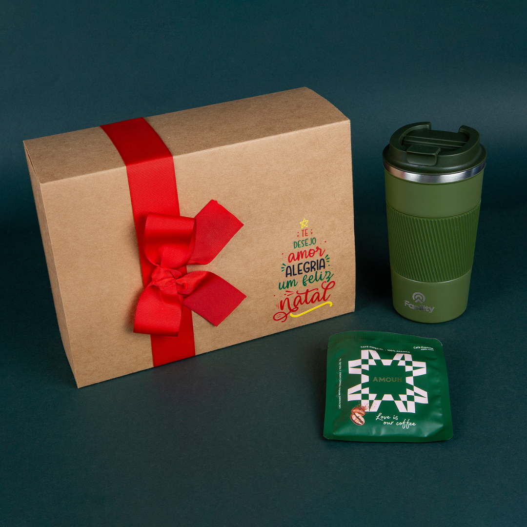 Kit Natal: Copo Café + Sachê Drop Coffee + Caixa Temática