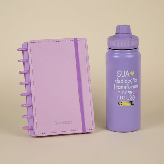 Kit 5 Prof: Caderno Inteligente com Iniciais + Garrafa Térmica Temática + Sacola Amouh