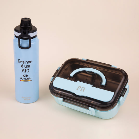 Kit 7 Prof: Garrafa Térmica Tematica + Marmita G Personalizada com Iniciais + Sacola Amouh