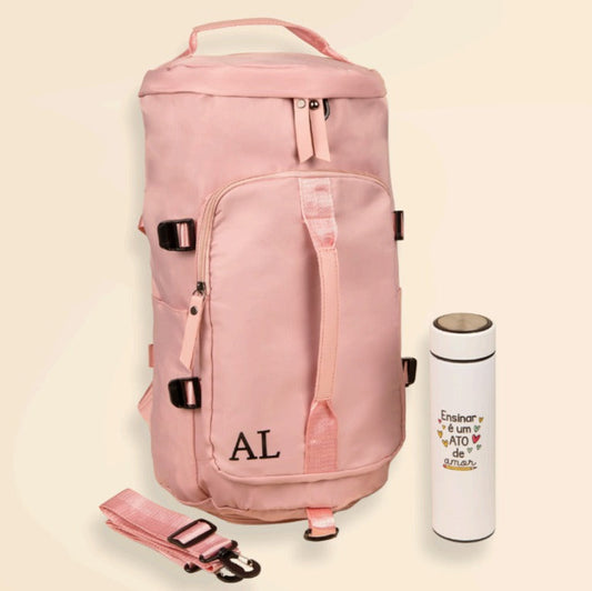 Kit 8 Prof: Bolsa Mochila com Iniciais + Garrafa Térmica Temática + Sacola Amouh